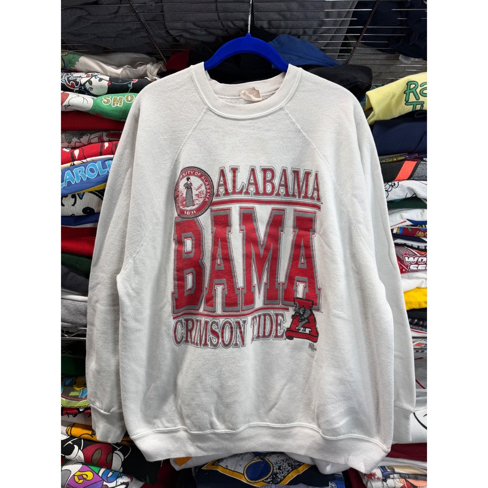 Vintage 90s University Alabama Bama Crimson Tide Sweatshirt White Raglan Men XL